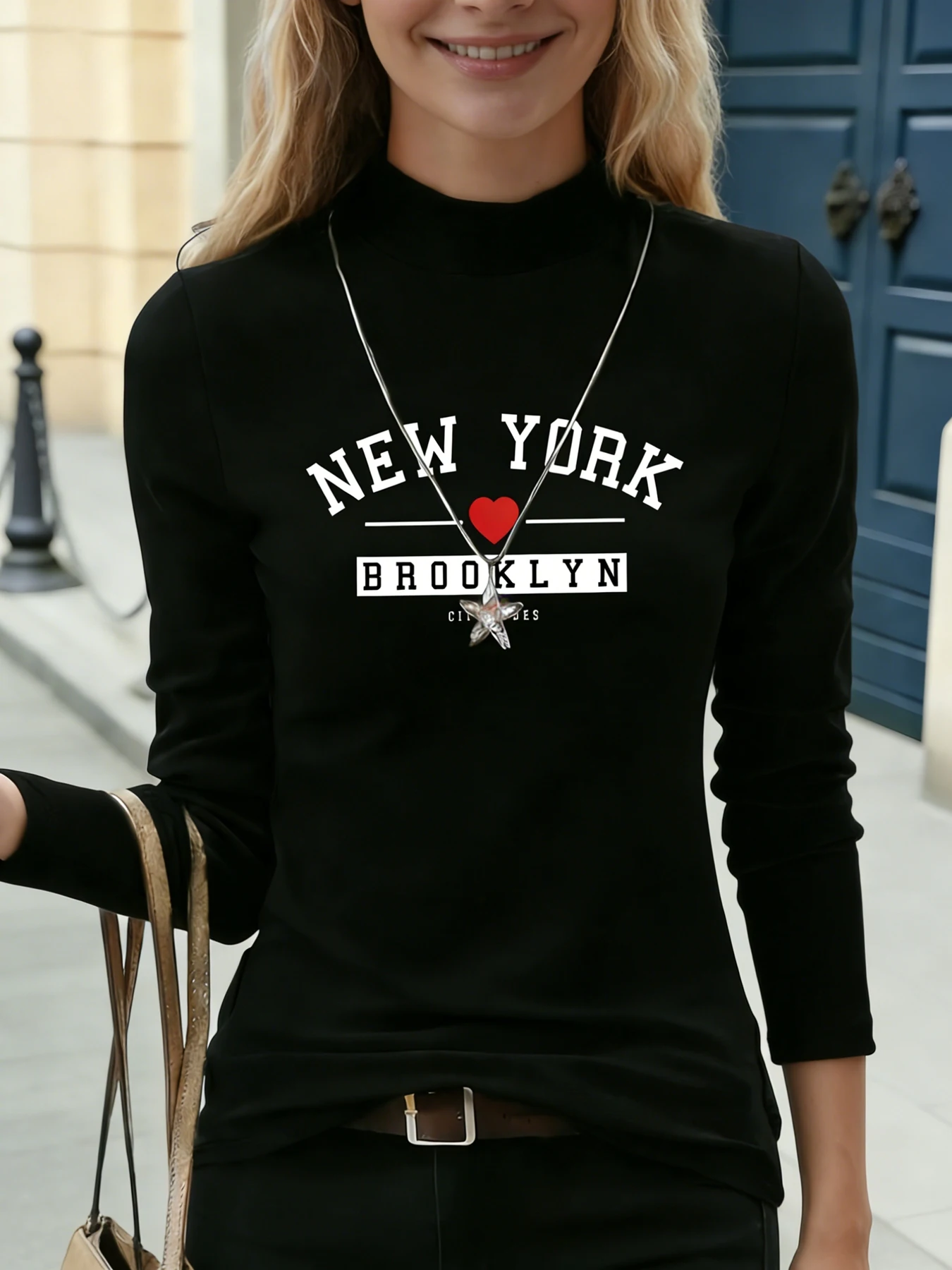 Dames T-shirt met opstaande hals en lange mouwen New York Brooklyn Rode hartprint Casual blouse Basic dagelijks T-shirt Zachte top voor dagelijks gebruik