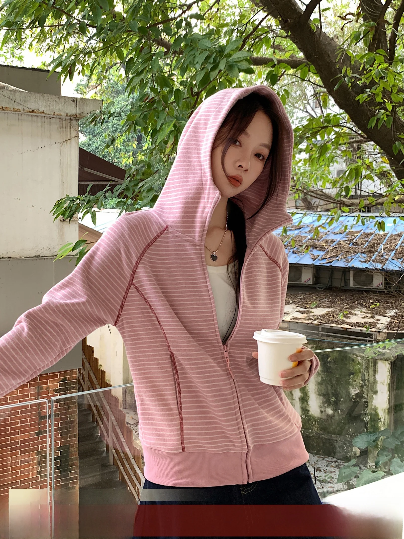 

Slimming Striped Hooded Open Cardigan Physical Sun Protection Women's Large And Small Version Outerwear VS What Bar Code