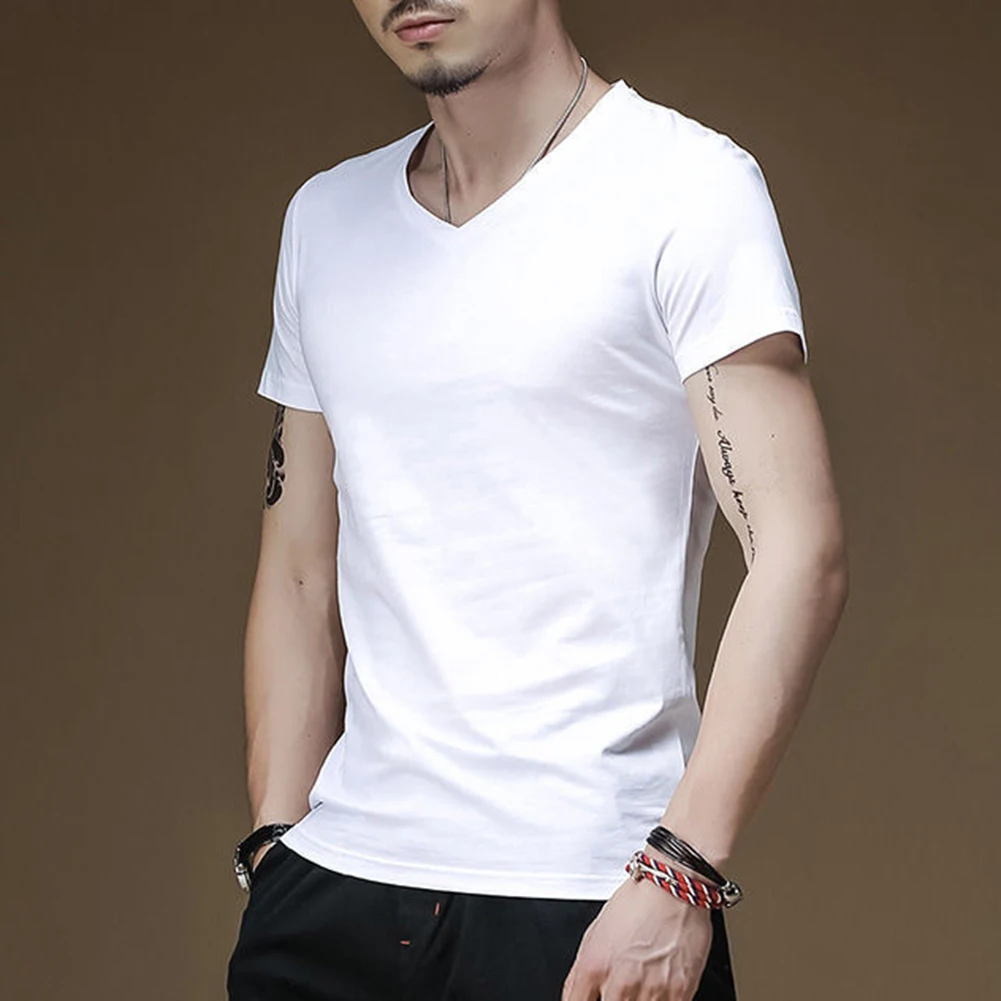 Men's T-shirt Solid V-neck Short Sleeved Top T-shirt Men's T-shirt Black Tight Pants Men's T-shirt Suitable For Men's Wear