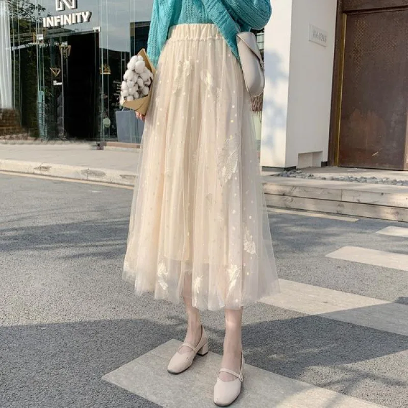 Half body Yarn Skirt Women's New High Waist Slim Medium Long A-line Fairy Mesh Skirt