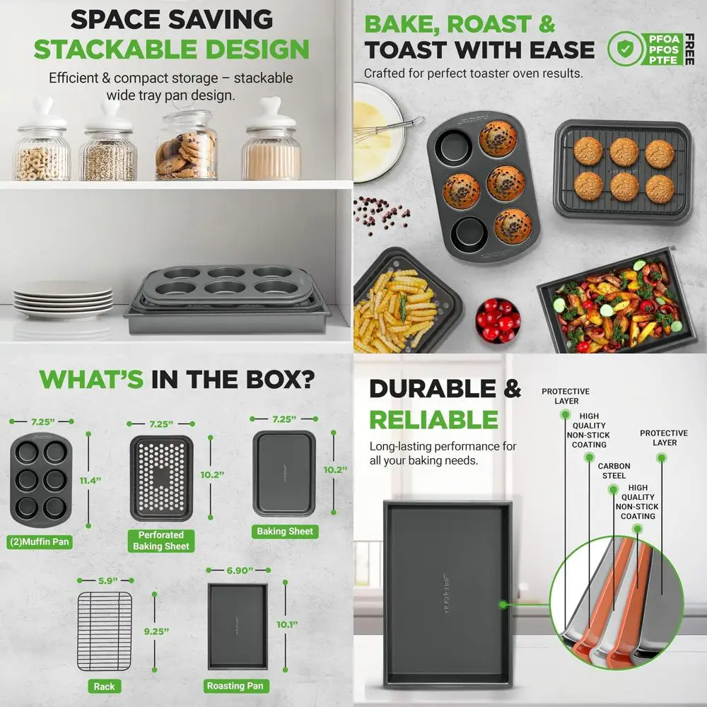 

6-Piece Toaster Oven Bakeware Set: Non-Stick, Stackable Pans, Muffin Molds, Roasting Tray, and Sheets for Durability and Easy Cl