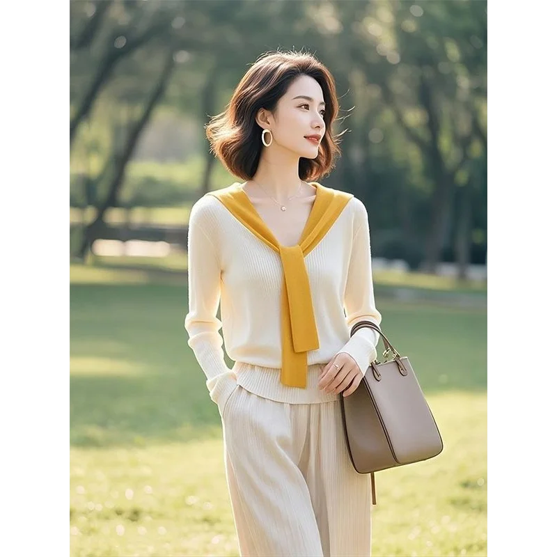 

Long Sleeve Threaded Sweater Knitted Shawl Women's Contrast Color Knitted Sweater Fashionable Top