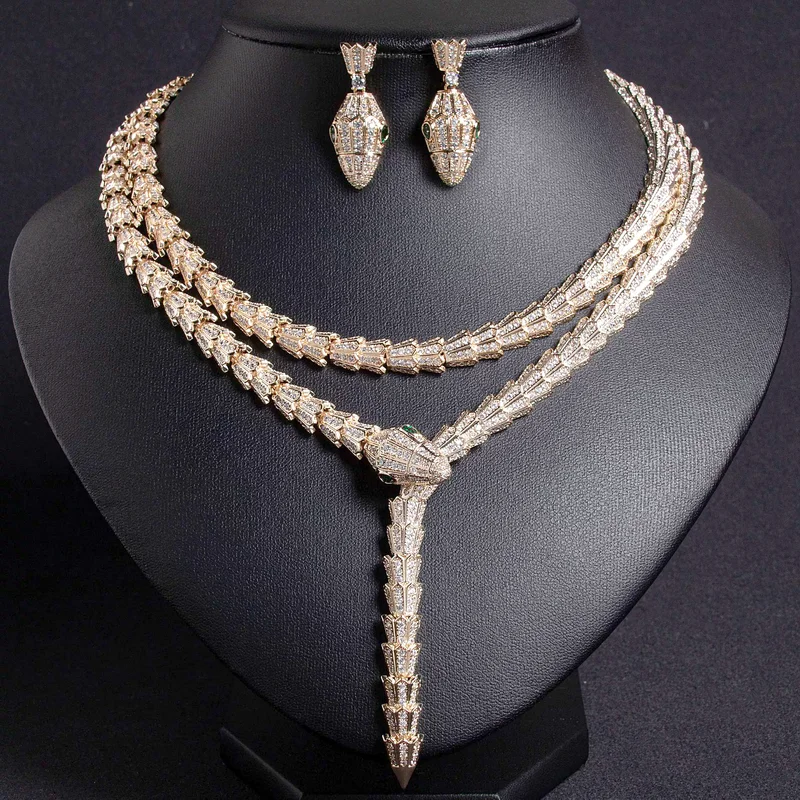 

Designer Collection Style Long Necklace Earrings Inlay Full Cubic Zircon Plated Gold Color Snake Snakelike Party Jewelry Sets