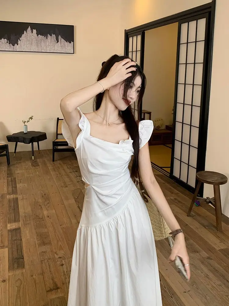 Hollow Out Retro age reduction fashion Fly Sleeves Dress Women 2024 Summer Ladies Elegant Fashion Fairy Long Dresses