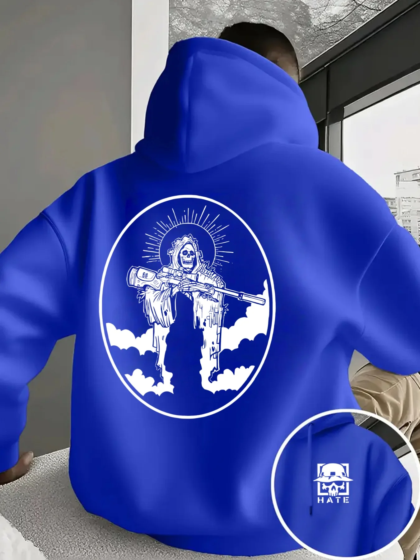 Dark and edgy men's hooded sweatshirt with skull warrior retro pattern print and mysterious pocket pullover hoodie - view 5