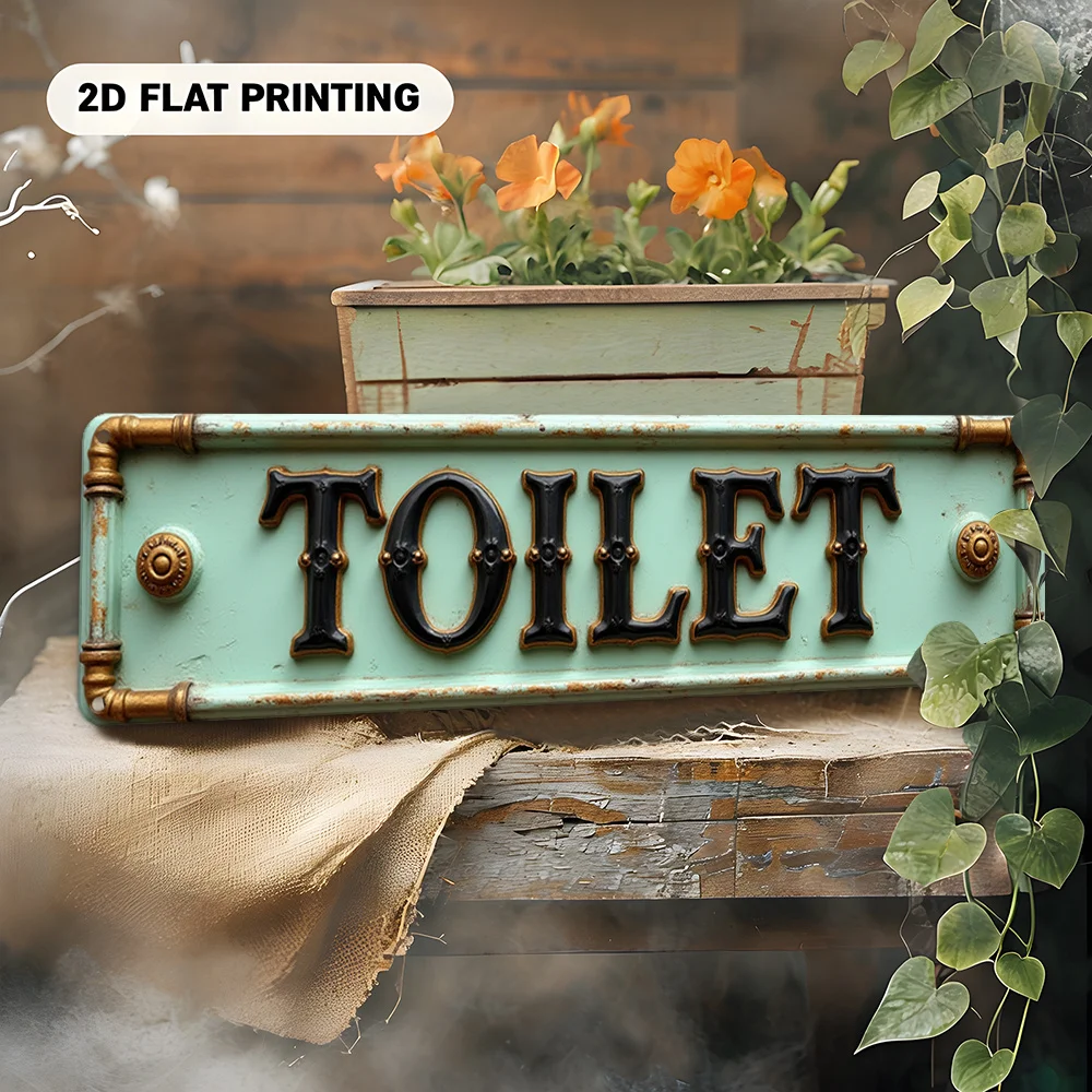 2D Flat, Vintage Toilet Sign - Bold Black & Green Bathroom Decor - Heavy-Duty Aluminum Wall Plaque - Easy Mounting with Pre-Dril view 6