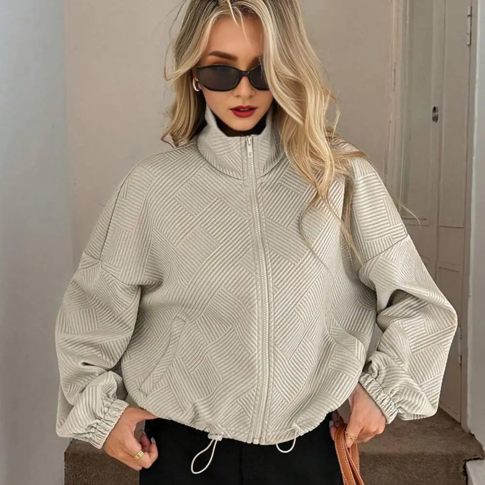 

Women's Full Zip Short Jacket Casual Long Sleeve Stand Collar Crop Coat Drawstring Hem Fall Sweatshirt with Pockets