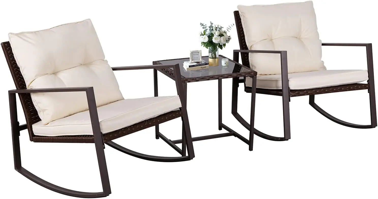 

3-Piece Patio Bistro Set Outdoor Rocking Chairs Set Brown Wicker Porch Chairs with Glass Coffee Table, Beige Cushion