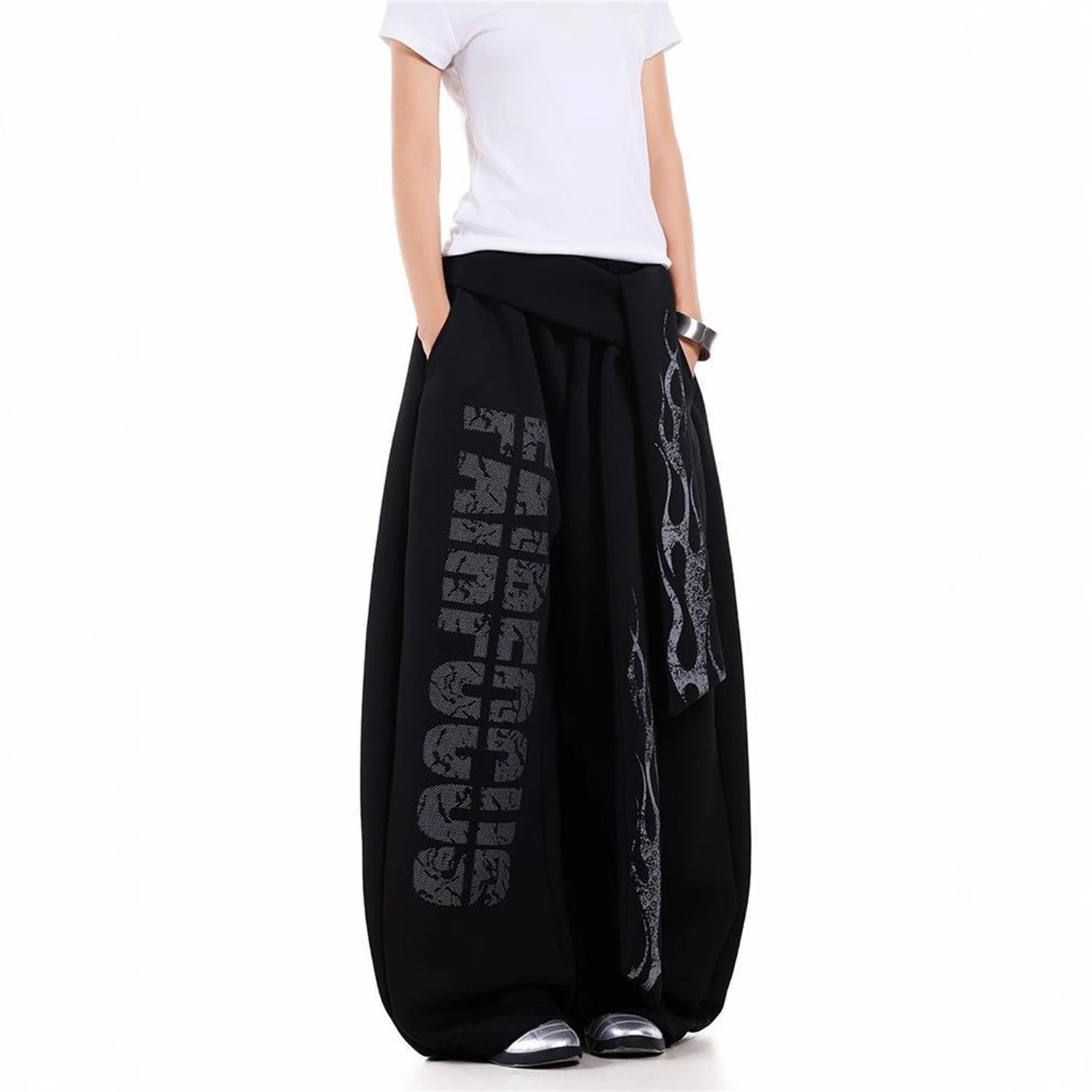 Y2K Women's Black Wide Leg Pants 2025 New Fashion Flame & Letter Graphic Print Loose High Waist Casual Streetwear Trousers