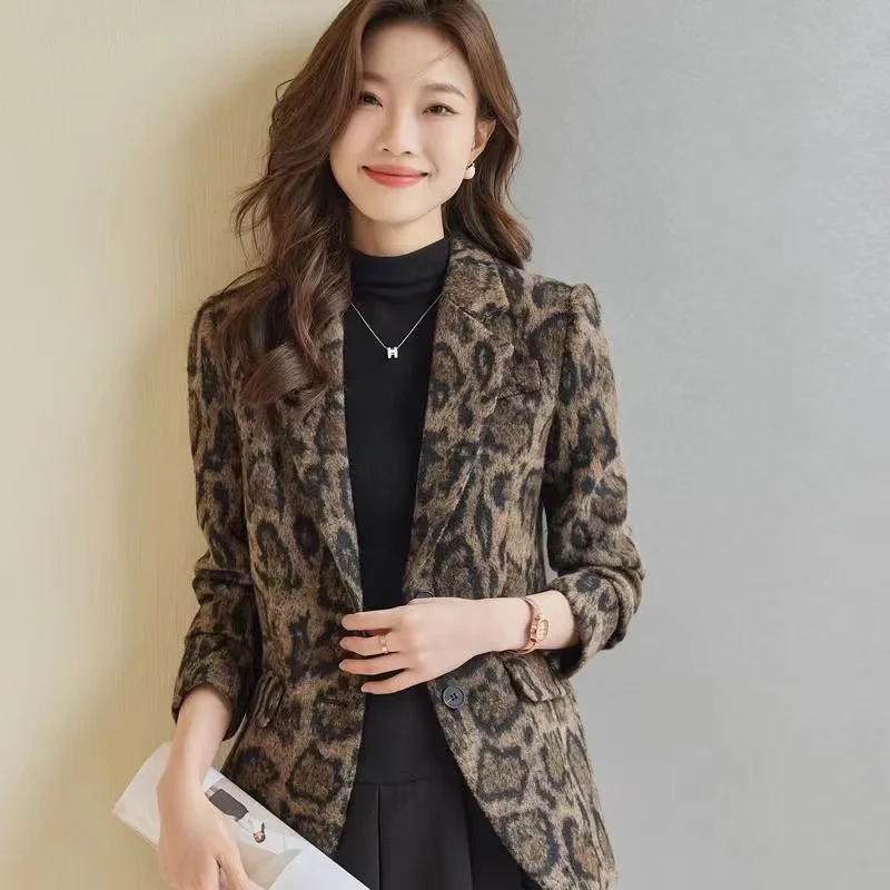 Autumn Winter Women Leopard Printed Woolen Blazer Long Sleeve Single Breasted Jacket Streetwear Ladies Blazer Female Outerwear