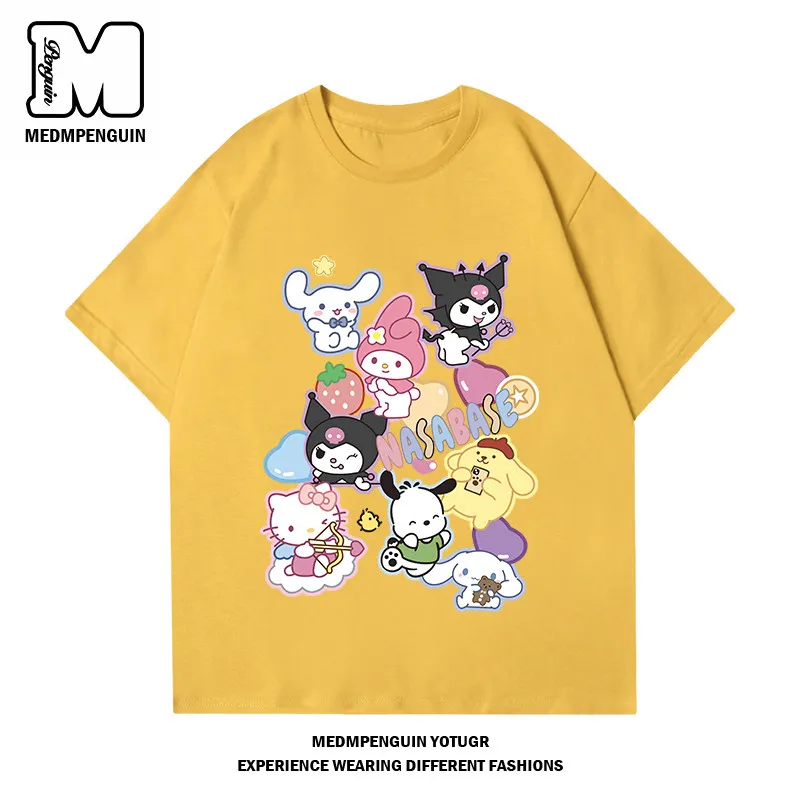 

Летняя детская футболка 2026 года с принтом персонажей Sanrio, для всей семьи, из чистого хлопка, повседневная, для мальчиков и девочек