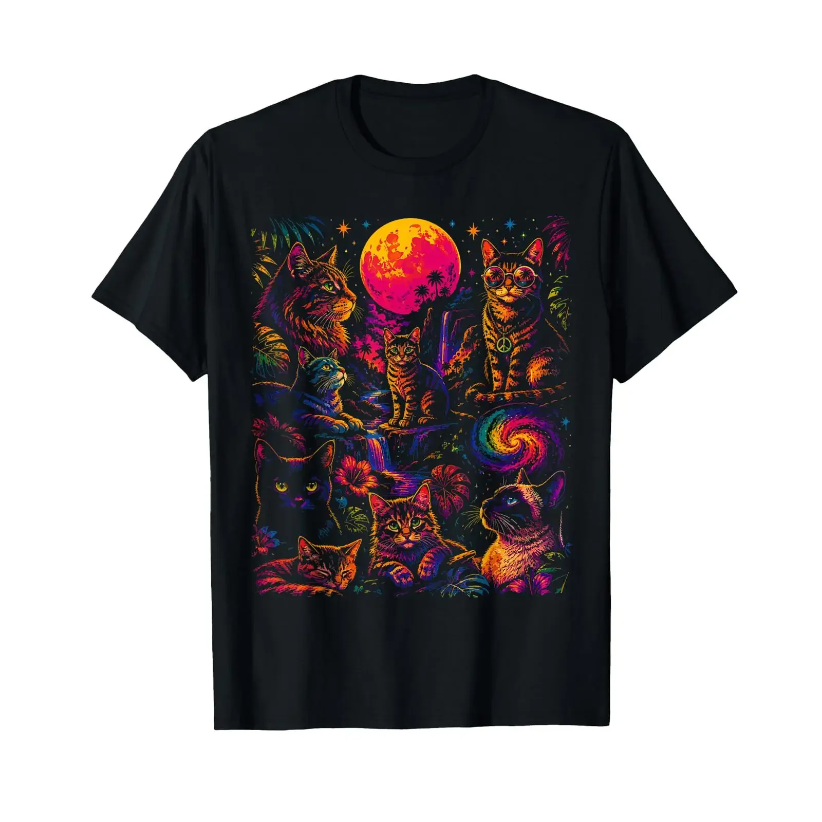 Chats colorés rétro Lune Tropicale Style Vintage Art T Shirt vintage Washed Versatile Casual Unisex Stretched Comfortable