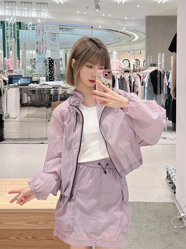 

plus Size 300 Pounds Fat MM High Collar Drawstring Short Workwear Style Jacket High Waist A-Line Short Skirt Purple Set Women...