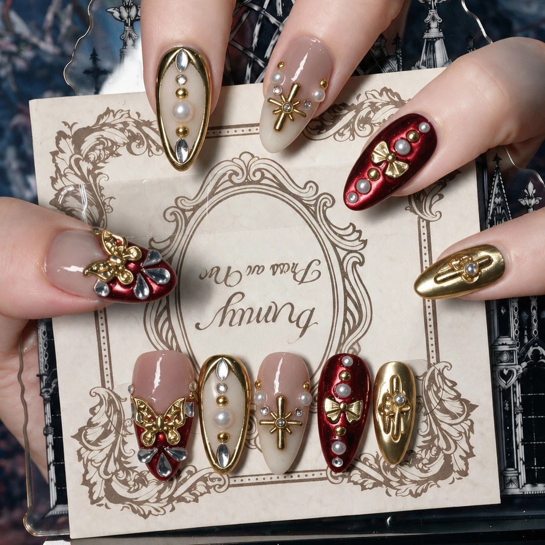 10pcs Almond Press On Nails Handmade, Elegant French Style Red Nude Color With 3D Gold Bow Pearl Accents, Luxury Nail Set For Summer Party