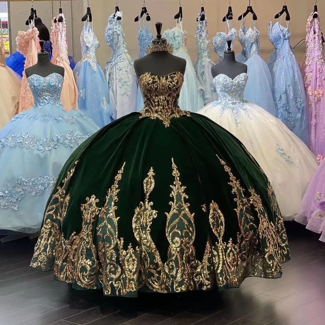 Vestidos de terciopelo verde para quinceañera, vestido de baile con apliques de lentejuelas, vestidos de graduación, dulce 15 16, personalizado