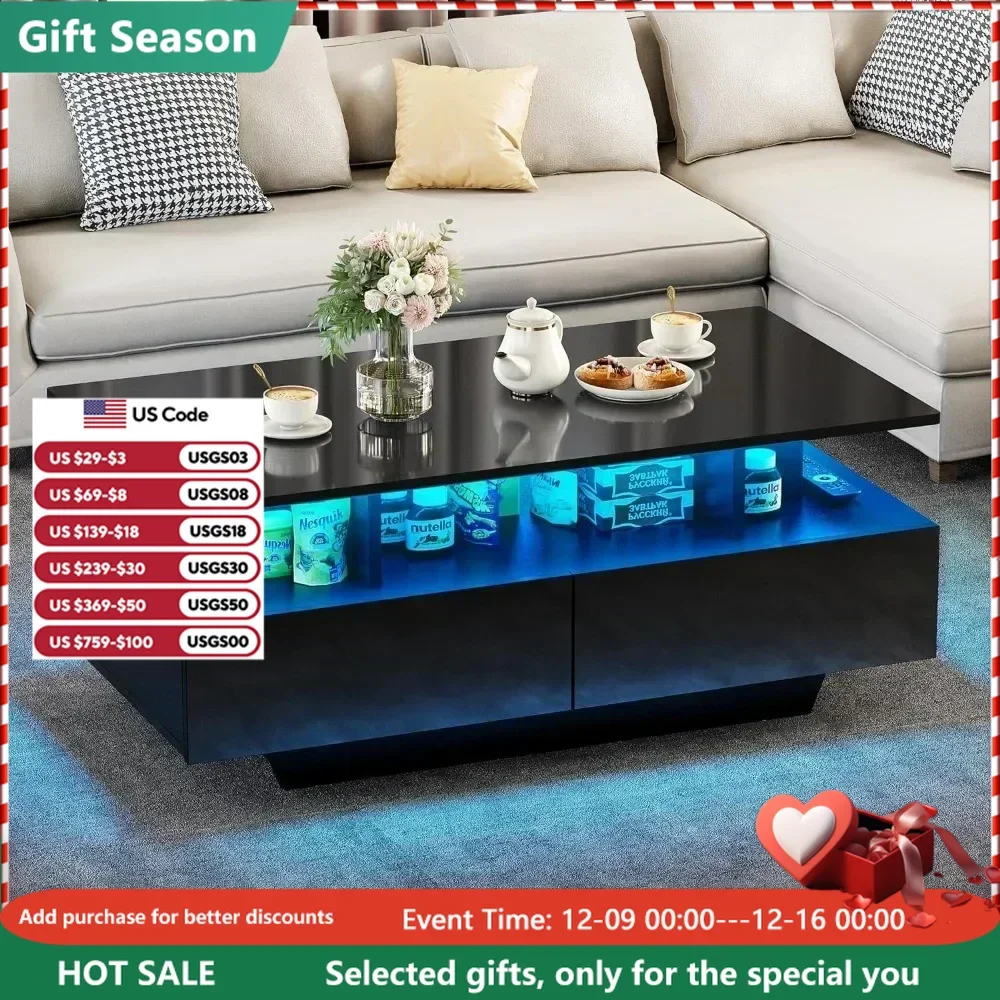 

LED Coffee Table, High Glossy LED Coffee Tables for Living Room with Open Display Shelf&Sliding Drawers Small Center Table