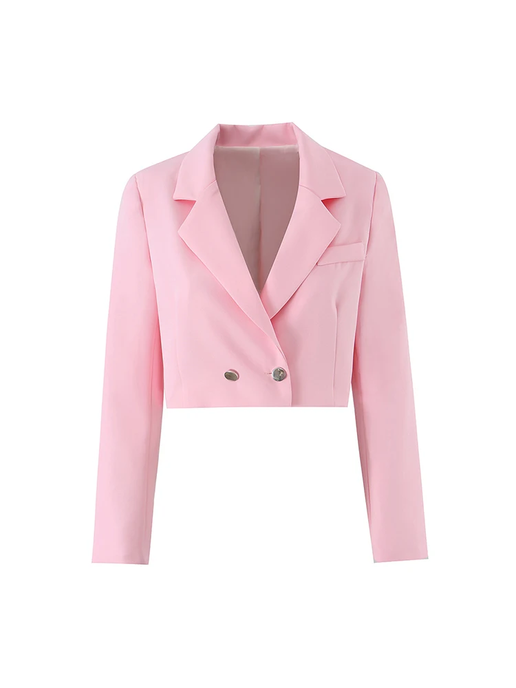 Elegant Women's Blazer Trousers Suit Pink Long Sleeve Double Breasted Short Top Half Straight Pants Set Summer Chic Lady Outfits view 3