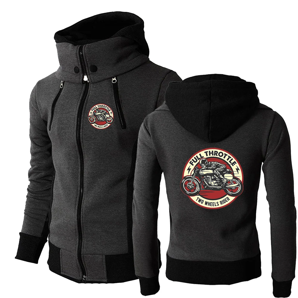 

2025 Spring Autumn Men's Full Throttle Cafe Racer Rockabilly Biker Logo Print Zipper Hoodies Personality Jacket Hooded Coat