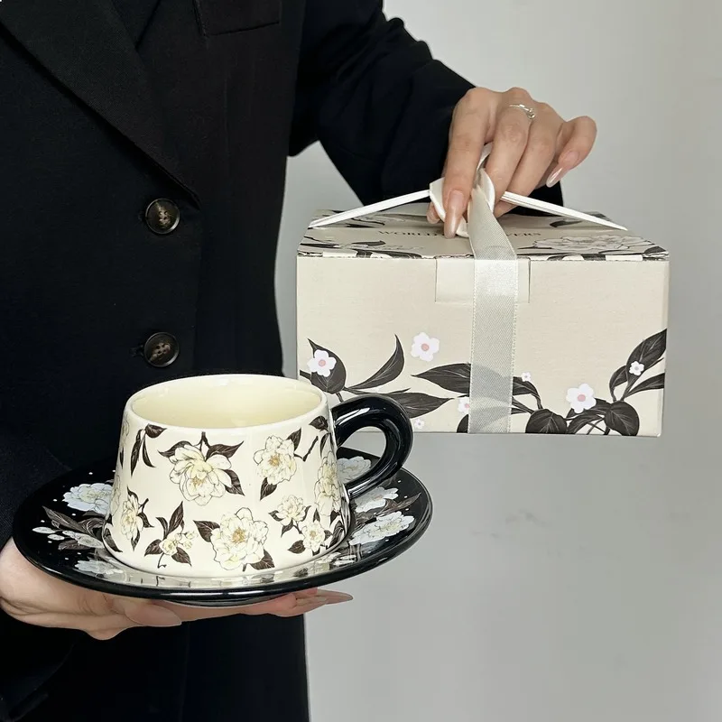 Camellia Light Luxury Vintage Floral Coffee Cup Saucer Gift Box Set High Appearance Birthday Present Souvenir Ceramic Home Tea