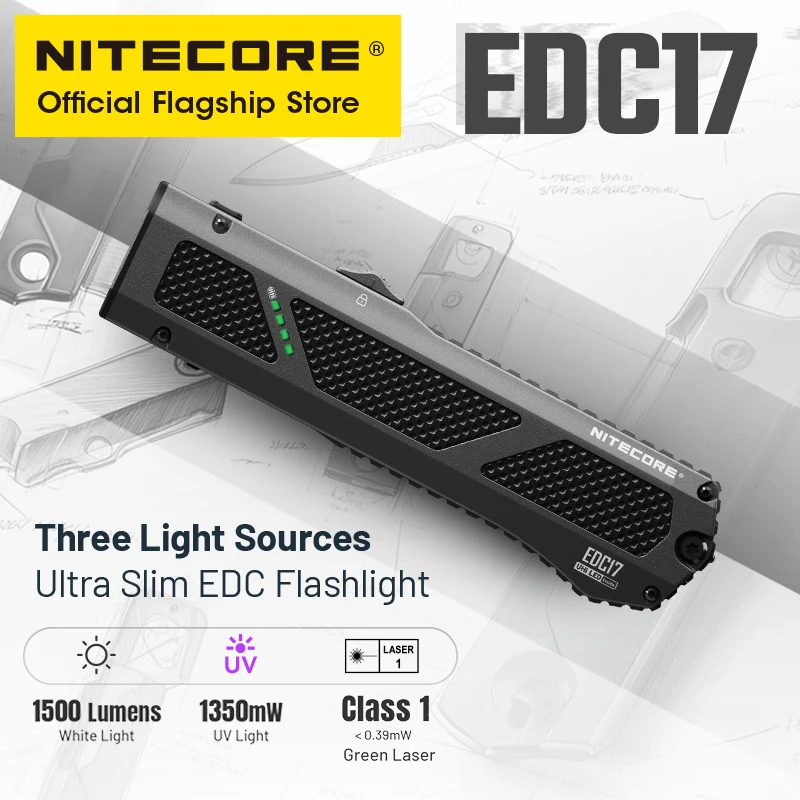 NITECORE EDC17 EDC Flashight 1350mW UV Light Green Laser Class 1 1500 Lumen USB-C Rechargeable Troch Light with Li-ion Battery