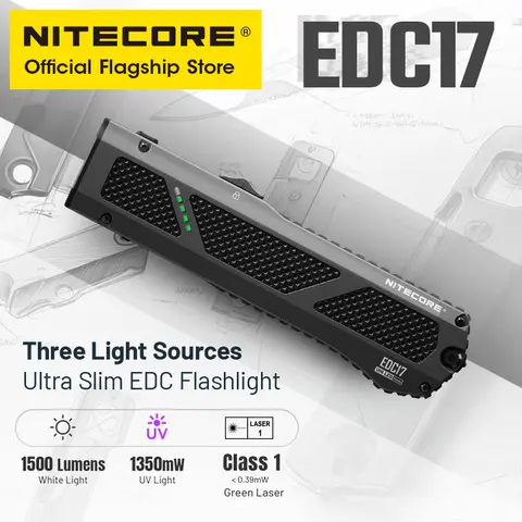 NITECORE EDC17 EDC Flashight 1350mW UV Light Green Laser Class 1 1500 Lumen USB-C Rechargeable Troch Light with Li-ion Battery