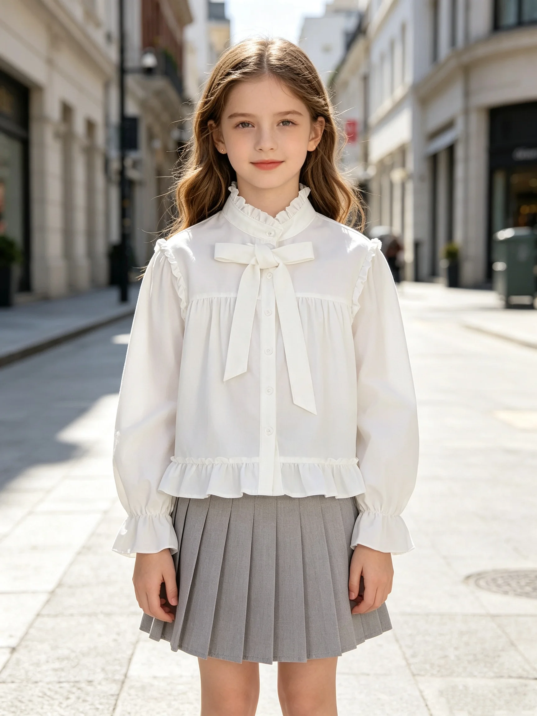 Spring And Autumn Girls' Ear Ear Edge Standing Collar Shirt Bow Tie Long Sleeve Top College Style Children's Clothing