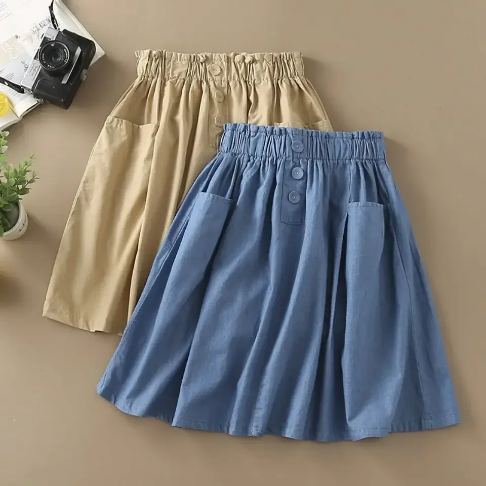 Kids Girls Cotton Skirts Mid-Length Summer Skirts Princess Blue Khaki Skirts 2024 Teenage Girls Casual Skirt With Pocket