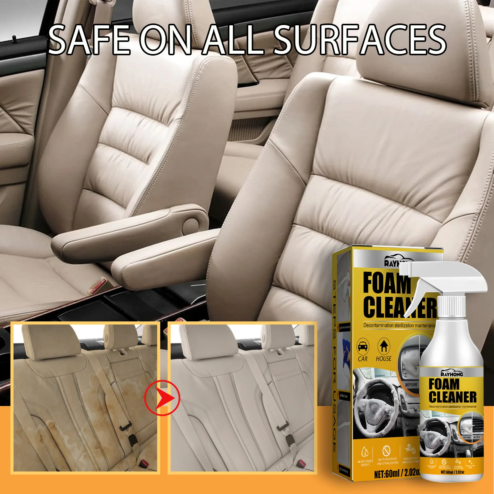 Limpador de espuma para interior de carro, sem lavagem, limpeza suave, descontaminação, painel de instrumentos de teto, limpador de espuma ambiental