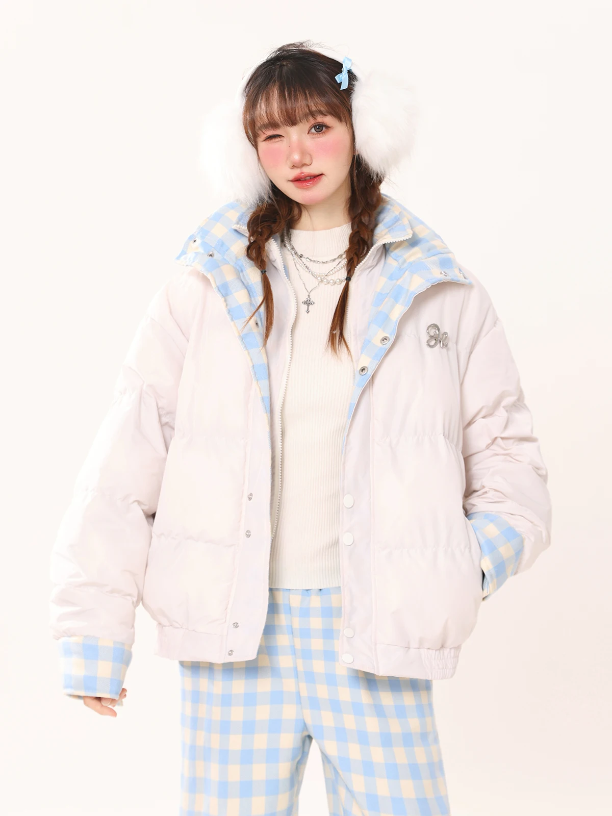 

Женская зимняя куртка ENJOG с эффектом двухслойности, в клетку, с пэчворком, теплая, на пуху, с длинными рукавами, на молнии