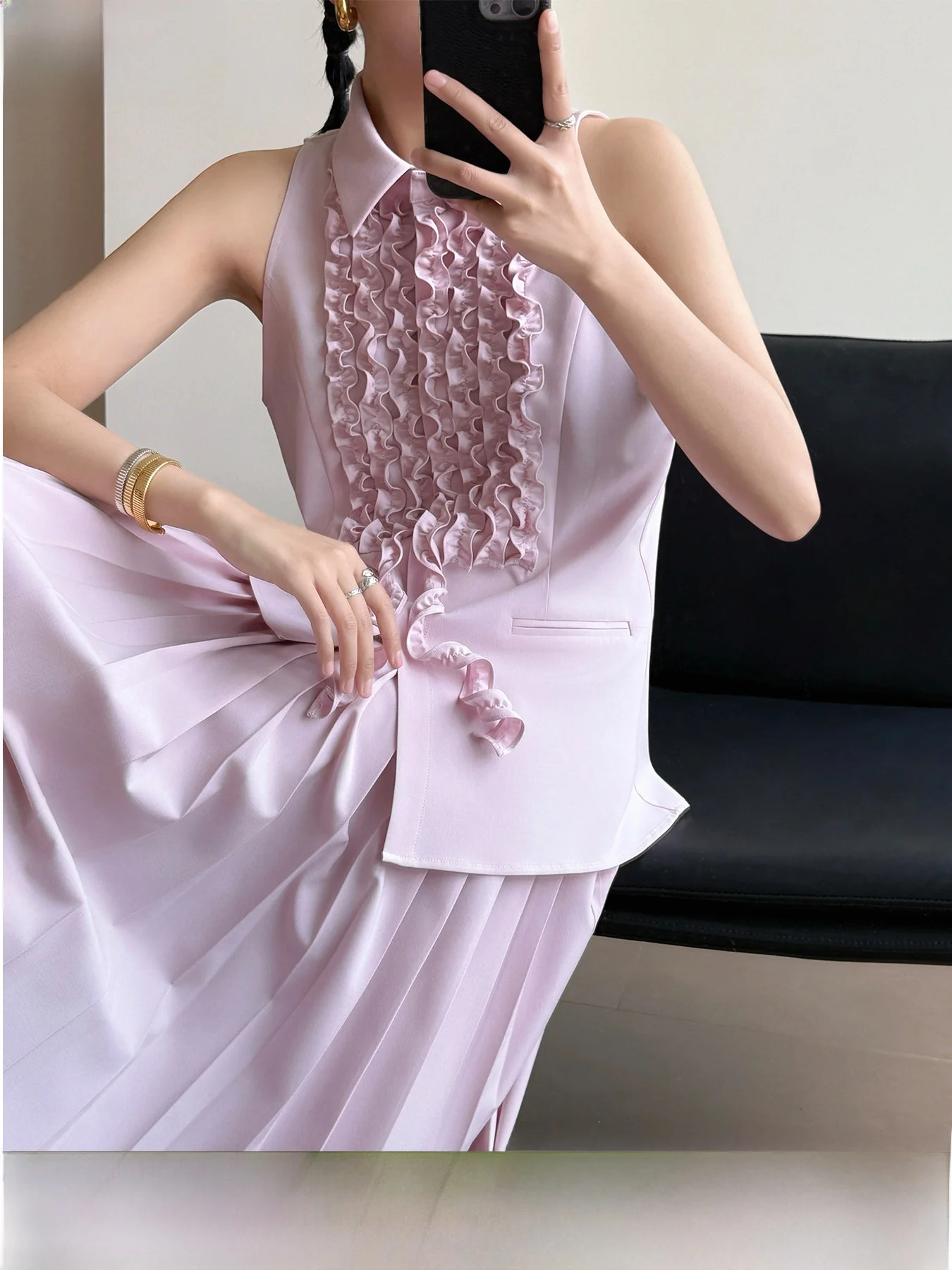 

Tasyavan Heavy Industry Decomposition Suit Vest Pleated Skirt Three-Piece Set Women's Fashion Ensemble Winter Season