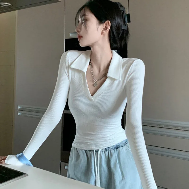 

New Polo Neck Autumn Women's T-shirts Long-sleeved Short Slim Fit V-neck Base Top