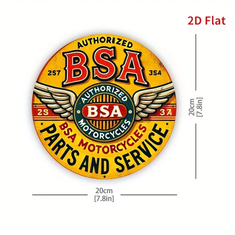 2D Flat, BSA Motorcycle Vintage Garage Decor - Retro Motorcycle Plaque with Wings, Yellow Background - Metal-like Finish Wall Ar
