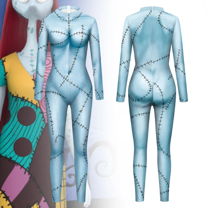 Halloween Party Catsuit Overall The Nightmare Before Christmas Anime Sally Cosplay Kostüm 3D-gedruckter Zentai-Body