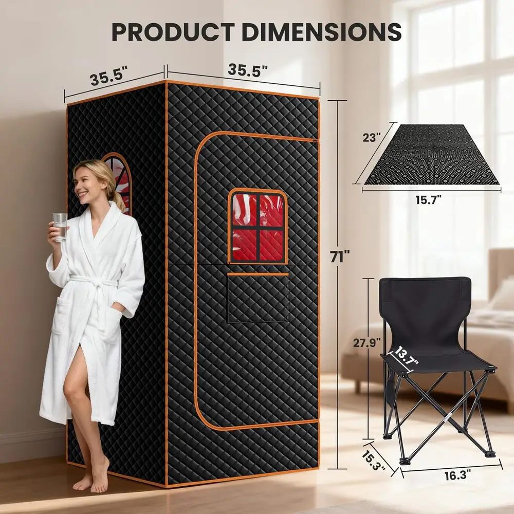 1 Person Large Portable Infrared Steam Sauna with 3L/1200W Steamer, Red Light Therapy, and Folding Chair