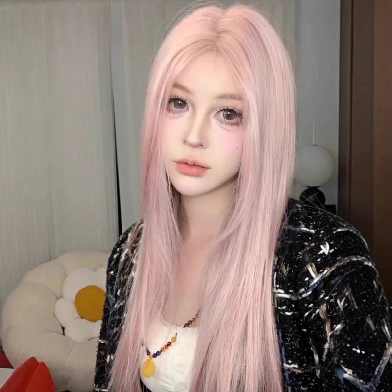 Long Straight Pink Gold Synthetic Lace Front Wig for Women Natural Full Head Cosplay Party Daily Fashion 2025 Spring Summer