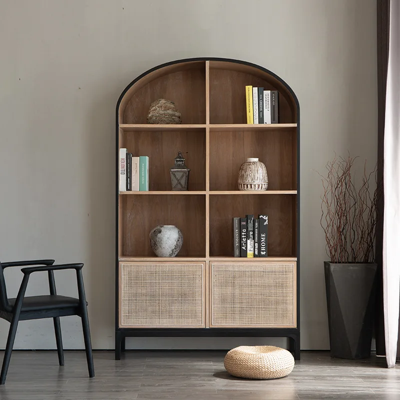 Bookshelf living room solid wood bookcase against the wall white oak shelf rattan display