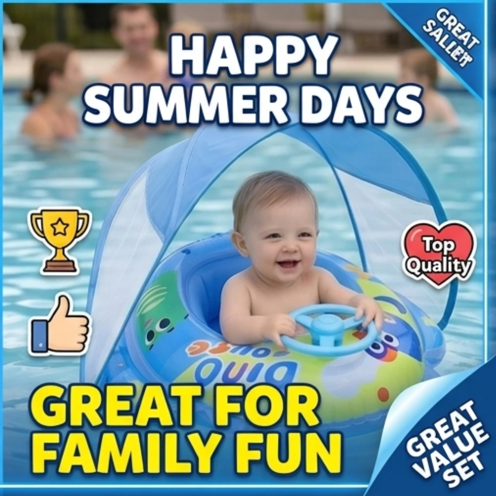 Baby Swimming Float with Removable Sun Canopy Inflatable Toddler Pool Ring with Steering Wheel Sunshade Seat for Kids Blue