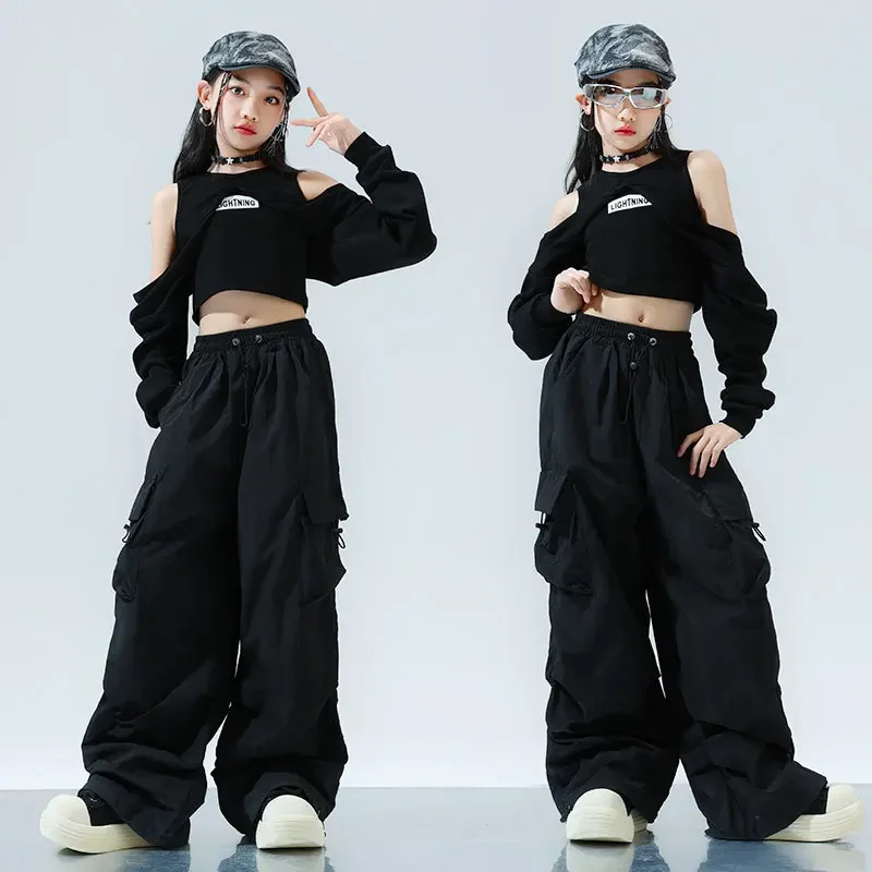 Kostum dansa Jazz Musim Semi dan Musim Gugur kostum dansa grup gadis hitam panjang satu potong celana Phat setelan kostum pemandu sorak