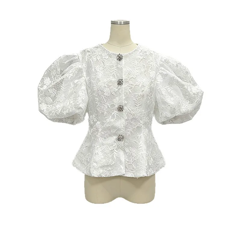 YYAHAHAS French Tweed Jacket Women 2026 Summer Pearl Rhinestone Button Elegant Round Neck Puff Sleeve Embroidered Top