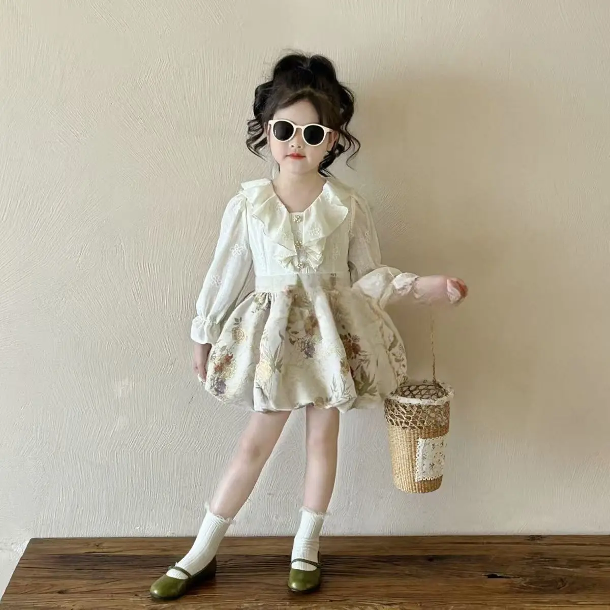 Girls' Spring Dress with Floral Jacquard Lantern Skirt 2026 New Style Baby Girl Palace Style Flower Bud Skirt Princess Skirt