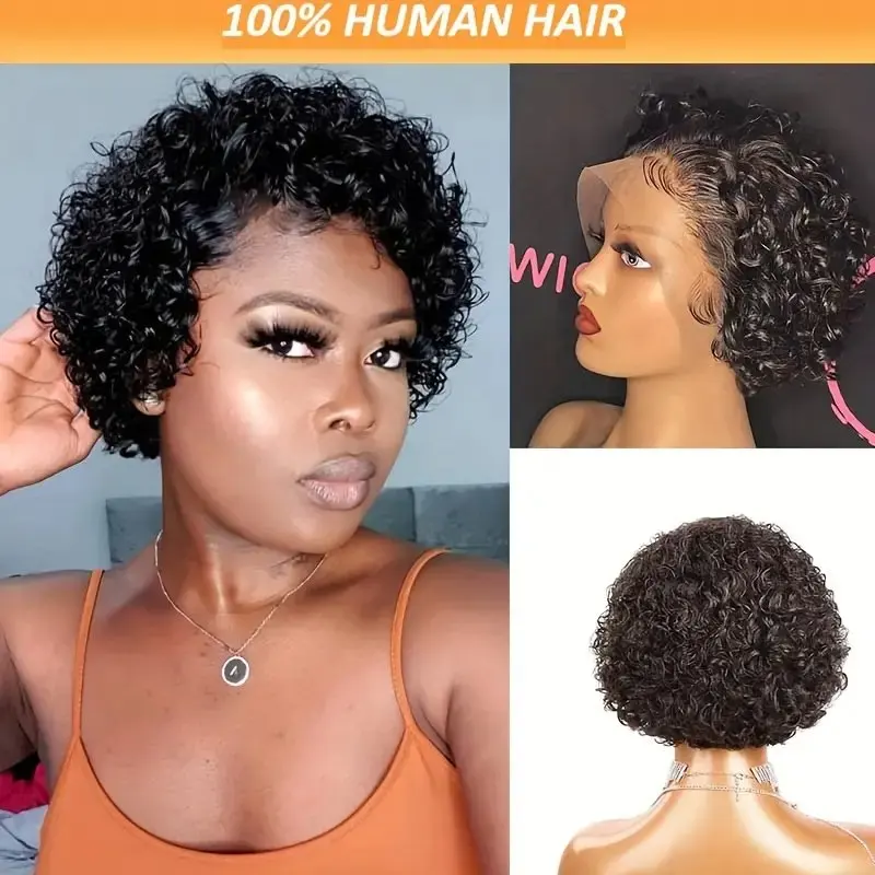 Pelucas de cabello humano rizado para mujer, Pelo Corto con corte Pixie, encaje frontal