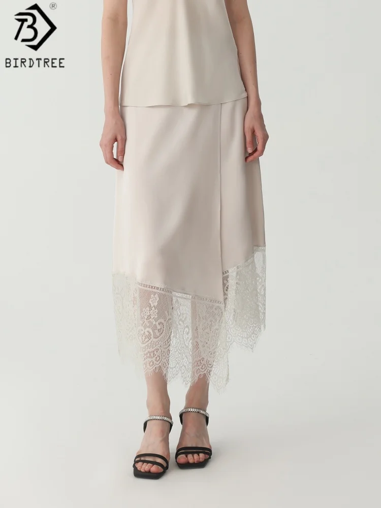 Birdtree, 90% Real Silk 10% Spandex Skirt, Irregular Lace Hem, Women Elastic Waist Chic Elegant Skirts, 2026 Autumn New D69705JF