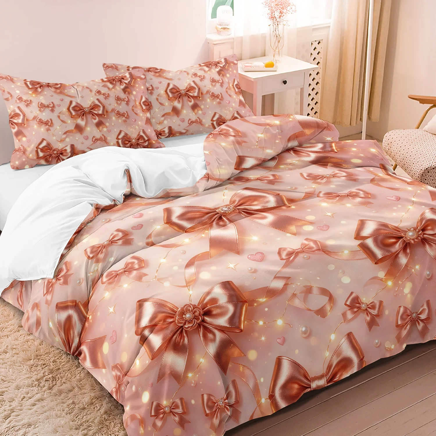 3pcs Luxury Pink Bow Bedding Duvet Cover Set, Ribbon Bow Heart Pearl Pattern Bedding, For Family Bedrooms Dormitories Hotels