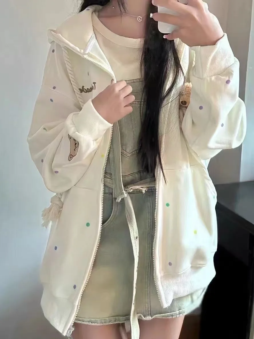 عارضة نمط البولكا نقطة الدب طباعة البلوز أوائل الخريف جديد الهيب هوب كسول أعلى طويلة الأكمام بولو طوق آخر النسيج السيدات Sw...