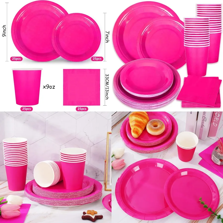 

100 шт., ярко-розовый набор принадлежностей для вечеринок, одноразовая посуда для украшения свадьбы, дня рождения: 50 шт., бумажные тарелки, 25 шт., Napki