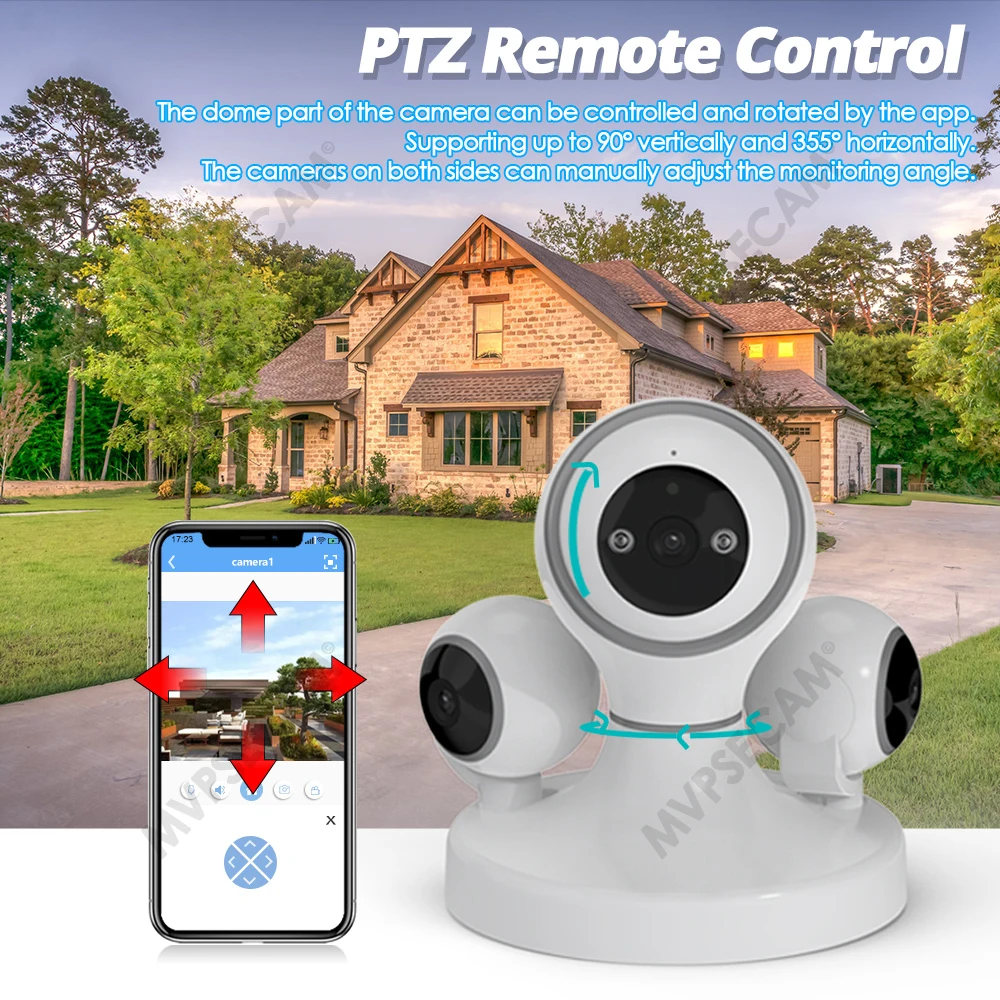 Caméra de surveillance intérieure PTZ IP WiFi HD 12MP, dispositif de sécurité domestique sans fil, avec 3 objectifs, détection de mouvement, 360