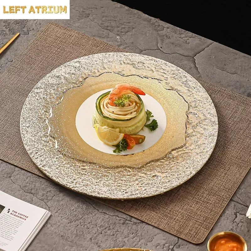 Stone Patterned White Gold Ceramic Flat Plate Steak Plate Dessert Plate Sushi Dish Cooking Plates Restaurant Creative Tableware