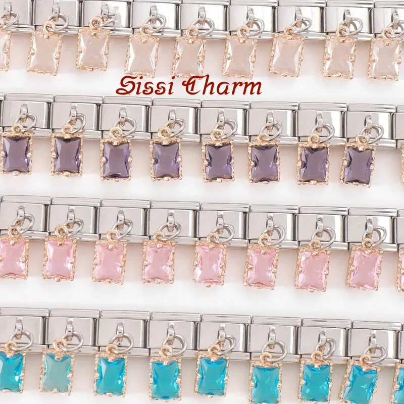 SISSI Width Stainless Steel Women Sugar Colored Square Series Pendant Italian Charm Links Bracelet Jewelry DIY Making Wholesale