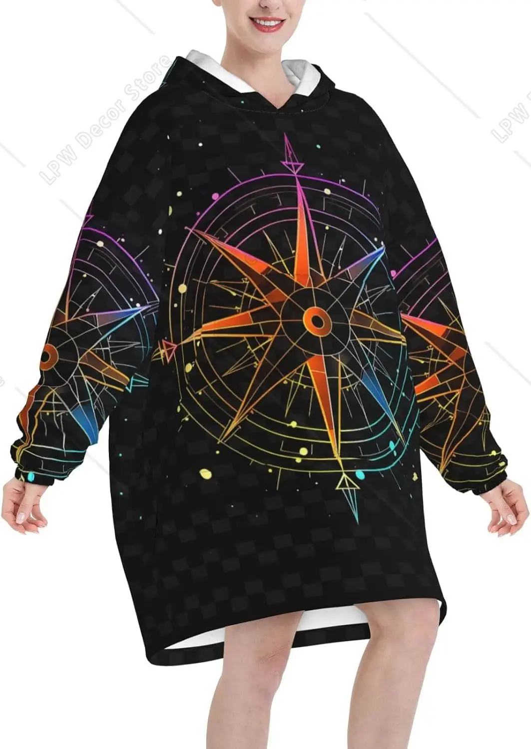 Black Checkered Neon Compass Print Hooded Wearable Blanket Adult Flannel Hooded Blanket Sweatshirt, Soft Warm With Pockets