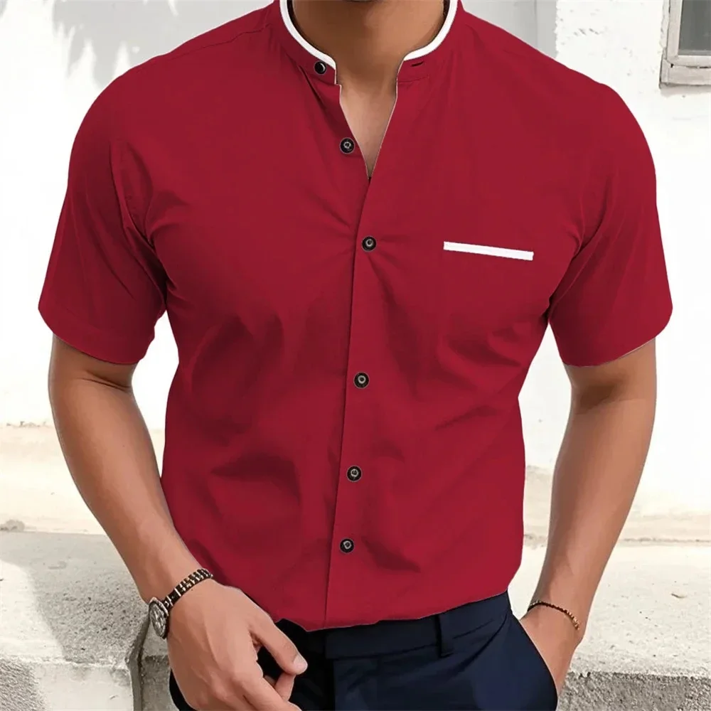Men's Light Color Simple Business Casual Solid Color Embellishment Lapel Button Short-sleeved Shirt Slim Vacation Casual Top